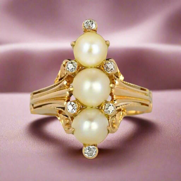 Antique Mine Cut Diamond Three Stone Pearl Ring in 14K Gold - Boylerpf