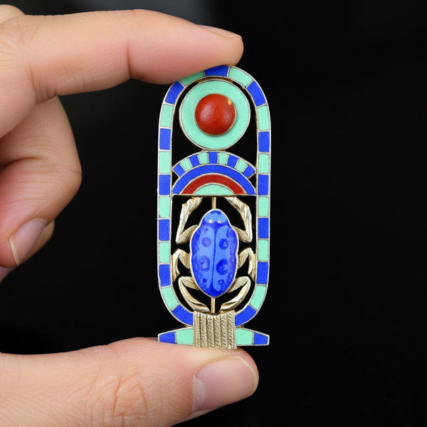 Antique Silver Enamel Egyptian Revival Scarab Brooch - Boylerpf