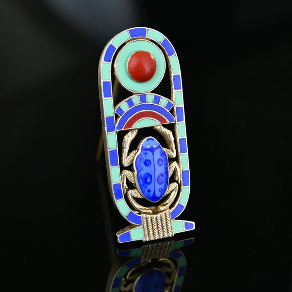 Antique Silver Enamel Egyptian Revival Scarab Brooch - Boylerpf