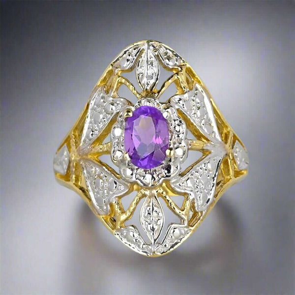 10K White & Yellow Gold Floral Panel Amethyst Ring - Boylerpf