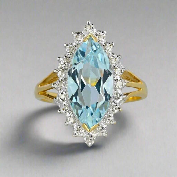 Vintage Gold Diamond Halo Marquise Blue Topaz Ring - Boylerpf