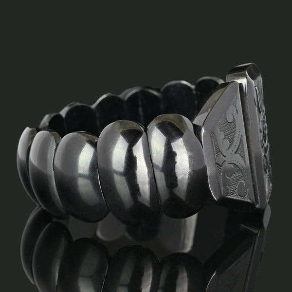 Antique Victorian Wide Carved Whitby Jet Bracelet - Boylerpf