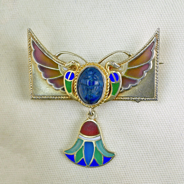 Art Nouveau Egyptian Revival Plique à Jour Winged Scarab Brooch - Boylerpf