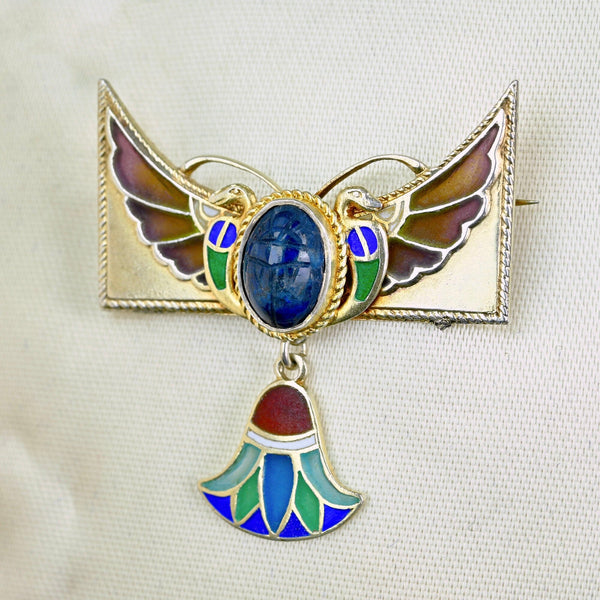 Art Nouveau Egyptian Revival Plique à Jour Winged Scarab Brooch - Boylerpf