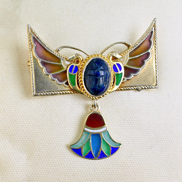 Art Nouveau Egyptian Revival Plique à Jour Winged Scarab Brooch - Boylerpf
