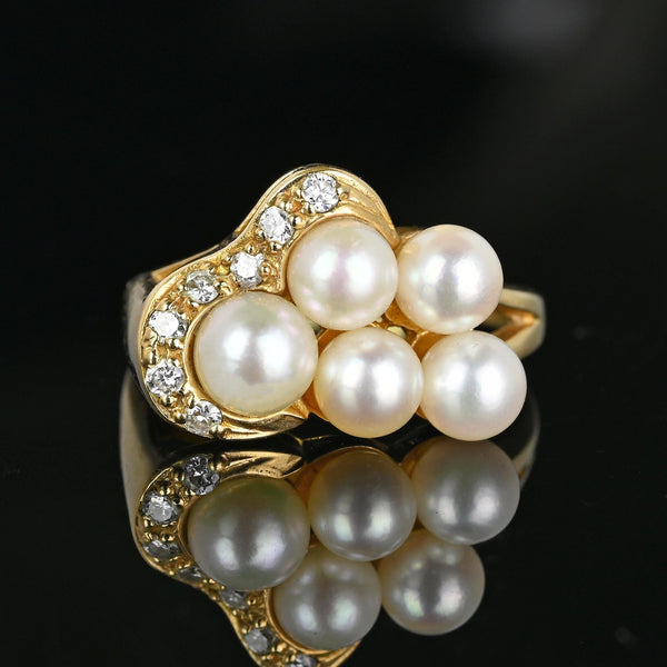 Mid Century Gold Diamond Pearl Cluster Cocktail Ring - Boylerpf