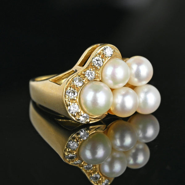 Mid Century Gold Diamond Pearl Cluster Cocktail Ring - Boylerpf