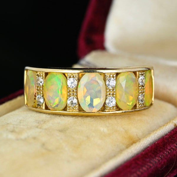 Vintage Gold Diamond Five Stone Fire Opal Ring Band - Boylerpf