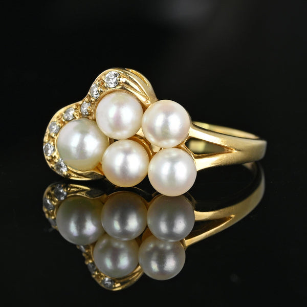 Mid Century Gold Diamond Pearl Cluster Cocktail Ring - Boylerpf