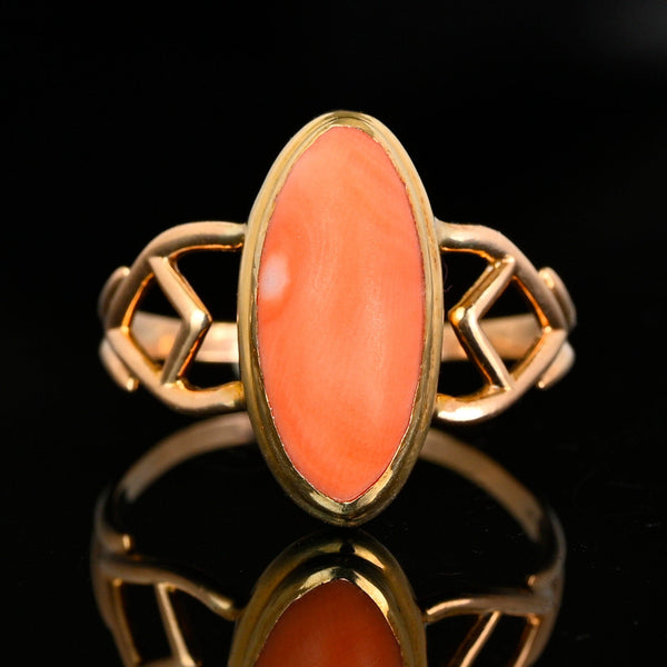 Gold Marquise Cabochon Natural Salmon Coral Ring - Boylerpf