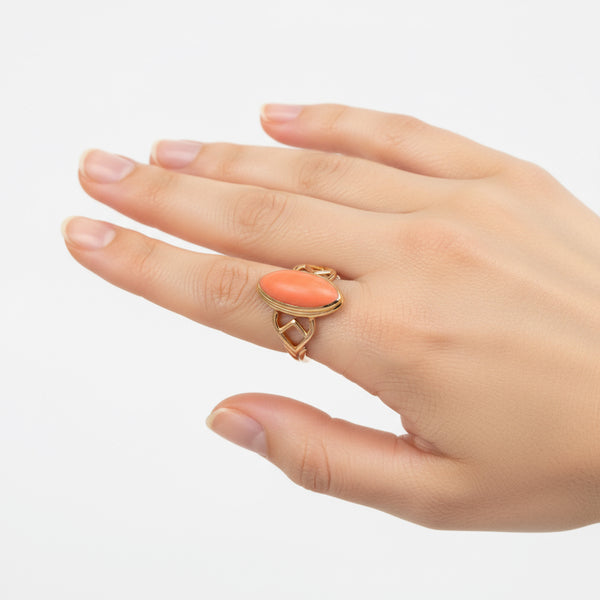 Gold Marquise Cabochon Natural Salmon Coral Ring - Boylerpf