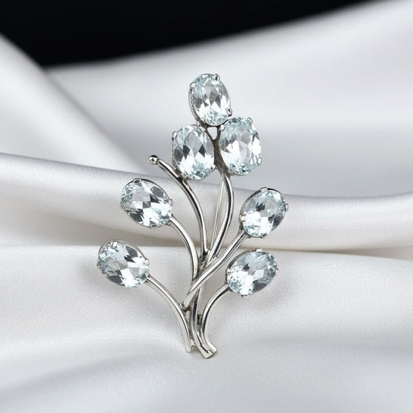 Vintage Silver Flower Cluster Aquamarine Brooch - Boylerpf