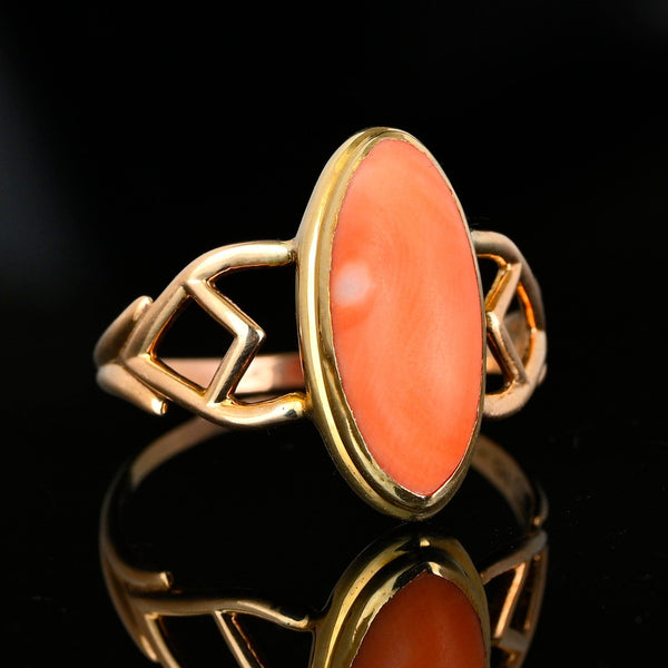Gold Marquise Cabochon Natural Salmon Coral Ring - Boylerpf