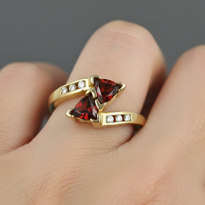 Vintage Gold Bypass Diamond Trillion Cut Garnet Ring - Boylerpf
