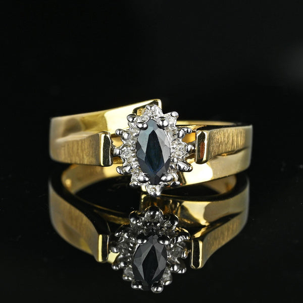 Midnight Blue Marquise Sapphire Diamond Halo Ring in Gold - Boylerpf