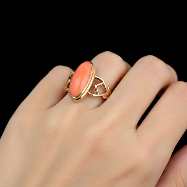 Gold Marquise Cabochon Natural Salmon Coral Ring - Boylerpf