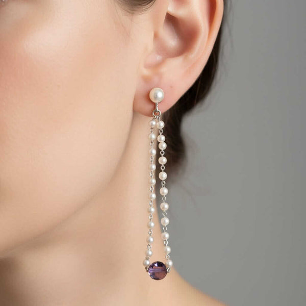 Vintage Pearl Amethyst Earrings 14K White Gold Dangle - Boylerpf