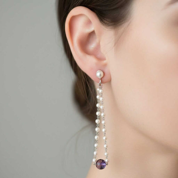 Vintage Pearl Amethyst Earrings 14K White Gold Dangle - Boylerpf