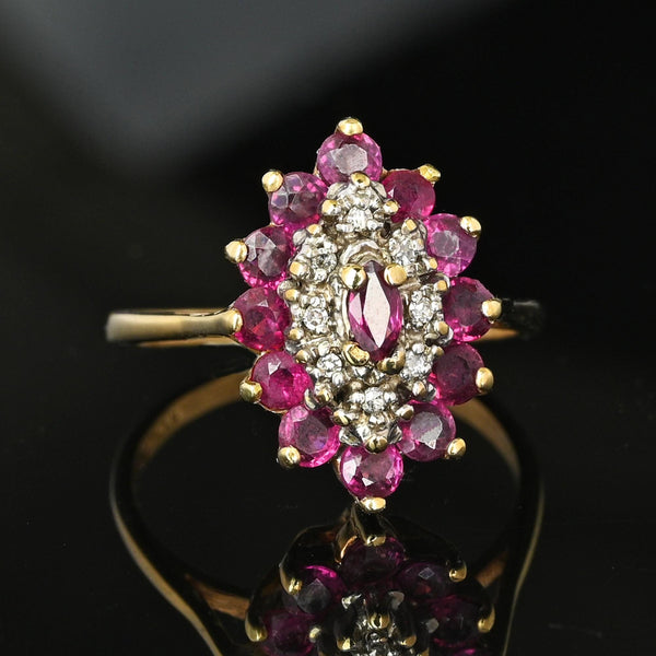 Vintage Gold Diamond Marquise Ruby Cluster Ring - Boylerpf