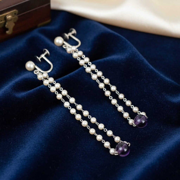 Vintage Pearl Amethyst Earrings 14K White Gold Dangle - Boylerpf