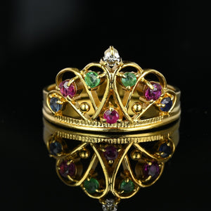 18K Gold Double Heart Ruby Diamond Sapphire Emerald Crown Ring - Boylerpf