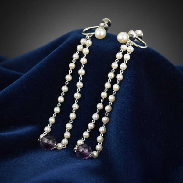 Vintage Pearl Amethyst Earrings 14K White Gold Dangle - Boylerpf
