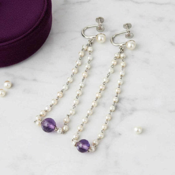 Vintage Pearl Amethyst Earrings 14K White Gold Dangle - Boylerpf