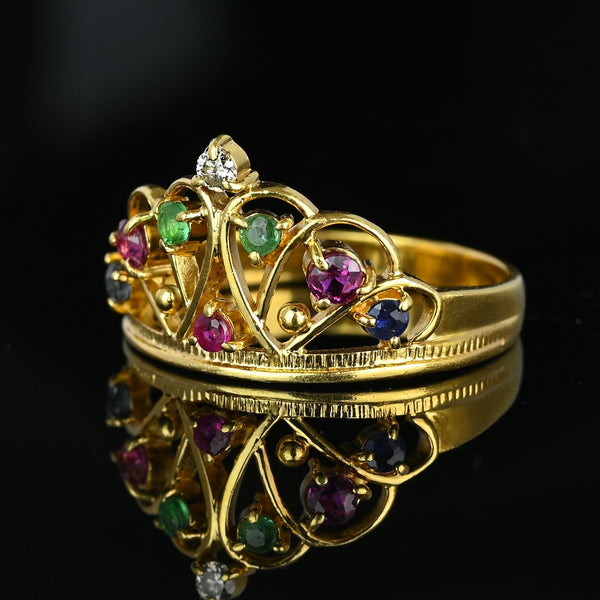 18K Gold Double Heart Ruby Diamond Sapphire Emerald Crown Ring - Boylerpf