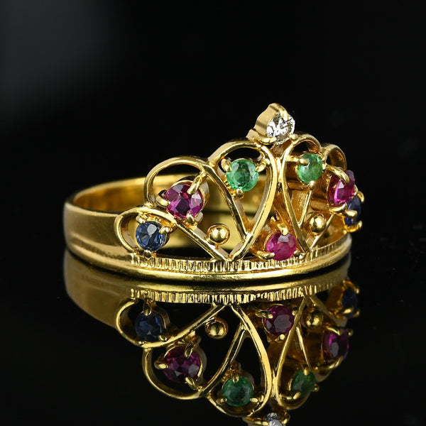 18K Gold Double Heart Ruby Diamond Sapphire Emerald Crown Ring - Boylerpf