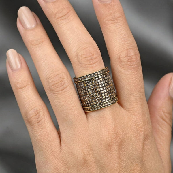 Gemco 14K Gold Champagne Diamond Wide Statement Ring Band - Boylerpf