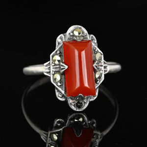Art Deco Silver Marcasie Carnelian Chalcedony Ring - Boylerpf
