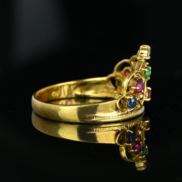 18K Gold Double Heart Ruby Diamond Sapphire Emerald Crown Ring - Boylerpf