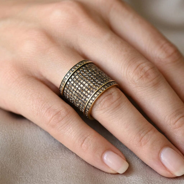 Gemco 14K Gold Champagne Diamond Wide Statement Ring Band - Boylerpf