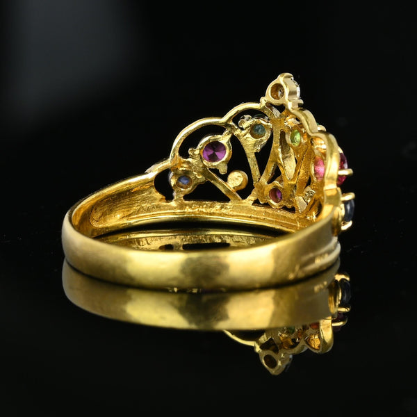 18K Gold Double Heart Ruby Diamond Sapphire Emerald Crown Ring - Boylerpf