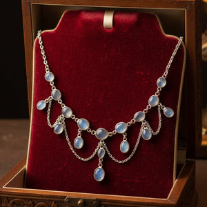 Edwardian Moonstone Fringe Necklace Silver Festoon - Boylerpf