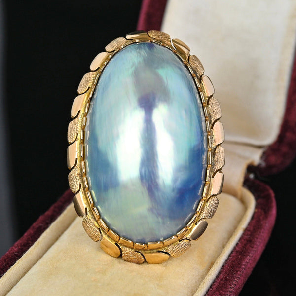Vintage 14K Gold Large Blue Baroque Mabe Pearl Ring - Boylerpf