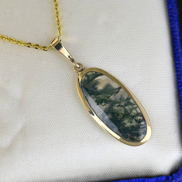 Vintage Gold Scottish Moss Agate Pendant, Sheffield Assayed - Boylerpf