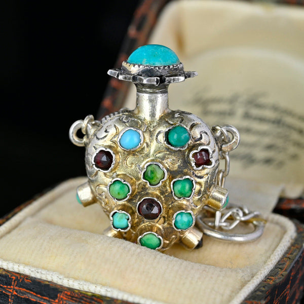Antique Puffy Heart Turquoise Garnet Chatelaine Perfume Pendant - Boylerpf