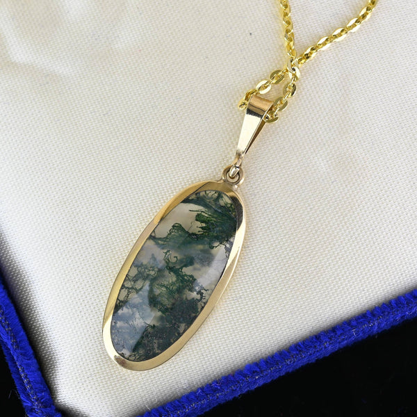 Vintage Gold Scottish Moss Agate Pendant, Sheffield Assayed - Boylerpf