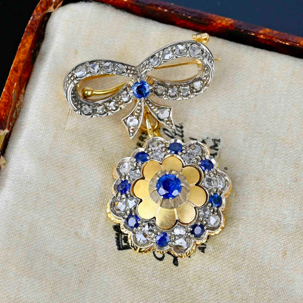 Antique 18K Gold Rose Cut Diamond Sapphire Brooch - Boylerpf