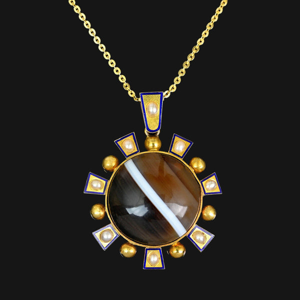 Antique Victorian 15K Gold Agate Pearl Enamel Pendant - Boylerpf
