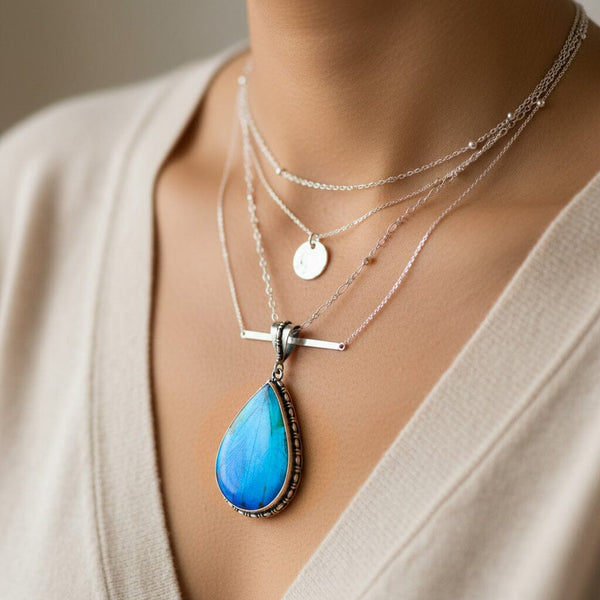 Antique Edwardian Morpho Butterfly Wing Pendant Necklace
