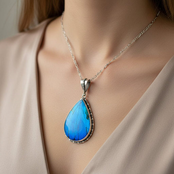 Antique Edwardian Morpho Butterfly Wing Pendant Necklace