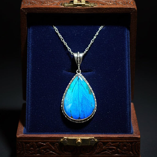 Antique Edwardian Morpho Butterfly Wing Pendant Necklace