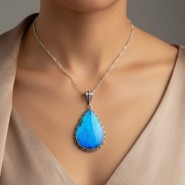 Antique Edwardian Morpho Butterfly Wing Pendant Necklace