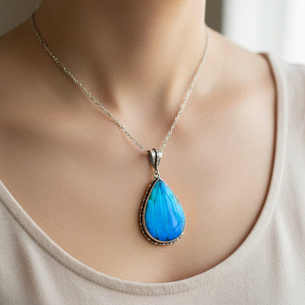 Antique Edwardian Morpho Butterfly Wing Pendant Necklace