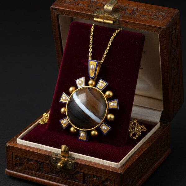 Antique Victorian 15K Gold Agate Pearl Enamel Pendant - Boylerpf