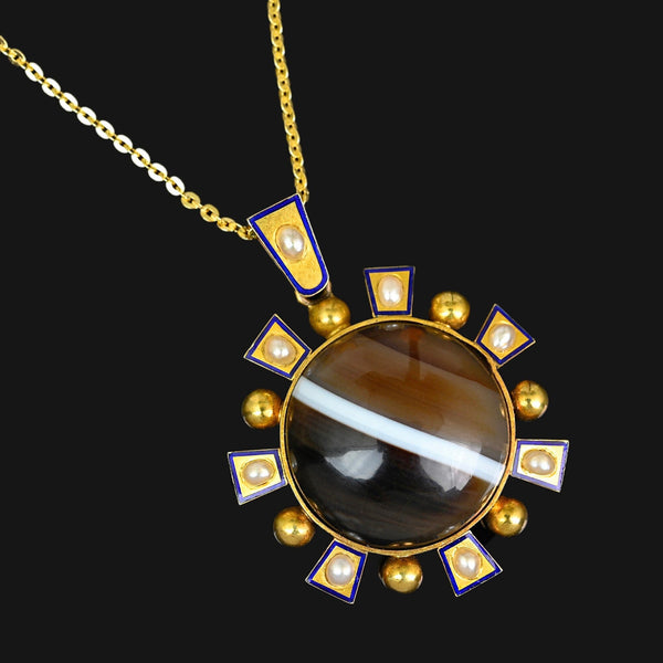 Antique Victorian 15K Gold Agate Pearl Enamel Pendant - Boylerpf