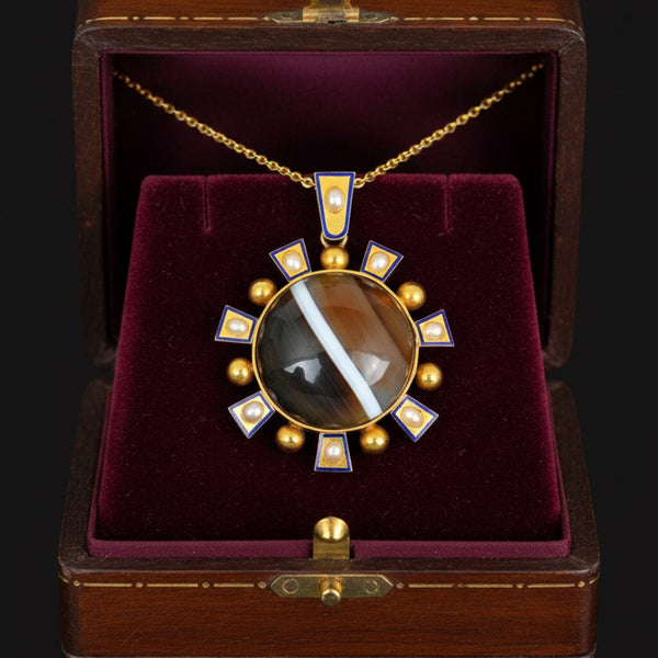 Antique Victorian 15K Gold Agate Pearl Enamel Pendant - Boylerpf