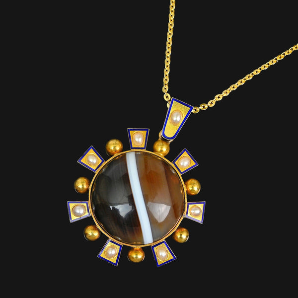 Antique Victorian 15K Gold Agate Pearl Enamel Pendant - Boylerpf